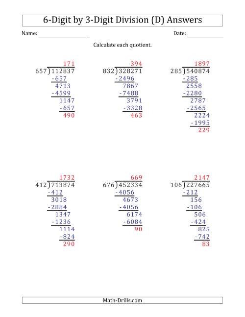 The 6-Digit by 3-Digit Long Division with Remainders and Steps Shown on Answer Key (D) Math Worksheet Page 2