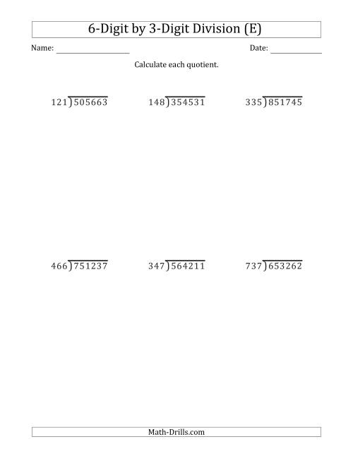 The 6-Digit by 3-Digit Long Division with Remainders and Steps Shown on Answer Key (E) Math Worksheet