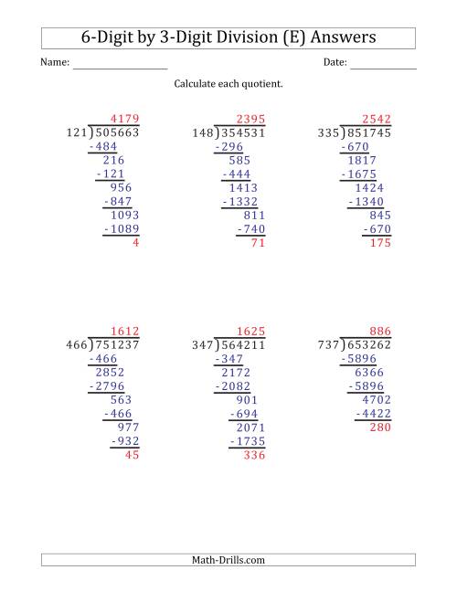 The 6-Digit by 3-Digit Long Division with Remainders and Steps Shown on Answer Key (E) Math Worksheet Page 2
