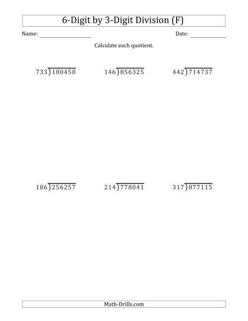 The 6-Digit by 3-Digit Long Division with Remainders and Steps Shown on Answer Key (F) Math Worksheet