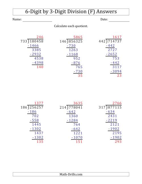The 6-Digit by 3-Digit Long Division with Remainders and Steps Shown on Answer Key (F) Math Worksheet Page 2