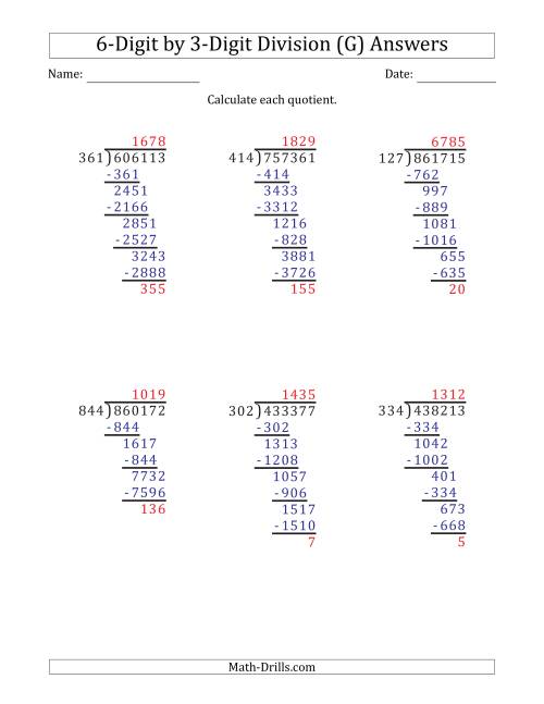 The 6-Digit by 3-Digit Long Division with Remainders and Steps Shown on Answer Key (G) Math Worksheet Page 2