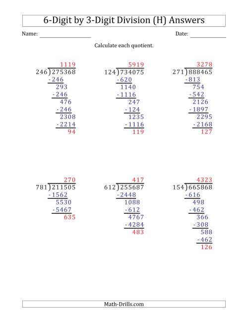 The 6-Digit by 3-Digit Long Division with Remainders and Steps Shown on Answer Key (H) Math Worksheet Page 2