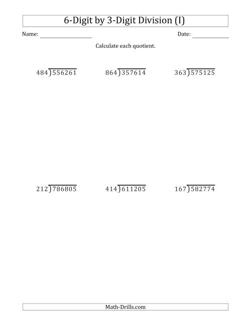 The 6-Digit by 3-Digit Long Division with Remainders and Steps Shown on Answer Key (I) Math Worksheet