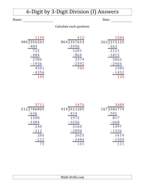 The 6-Digit by 3-Digit Long Division with Remainders and Steps Shown on Answer Key (I) Math Worksheet Page 2