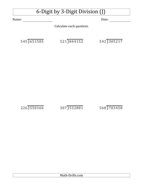 The 6-Digit by 3-Digit Long Division with Remainders and Steps Shown on Answer Key (J) Math Worksheet