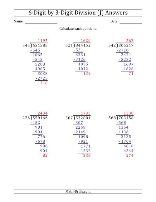 The 6-Digit by 3-Digit Long Division with Remainders and Steps Shown on Answer Key (J) Math Worksheet Page 2