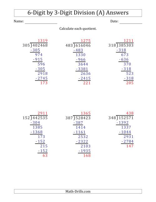 The 6-Digit by 3-Digit Long Division with Remainders and Steps Shown on Answer Key (All) Math Worksheet Page 2