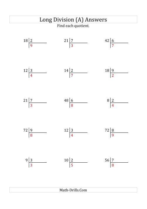 The European Long Division with a 1-Digit Divisor and a 1-Digit Quotient with No Remainders (A) Math Worksheet Page 2