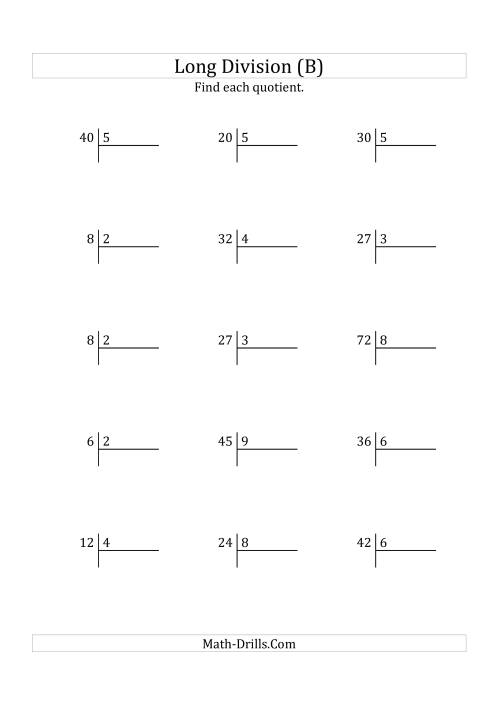 The European Long Division with a 1-Digit Divisor and a 1-Digit Quotient with No Remainders (B) Math Worksheet