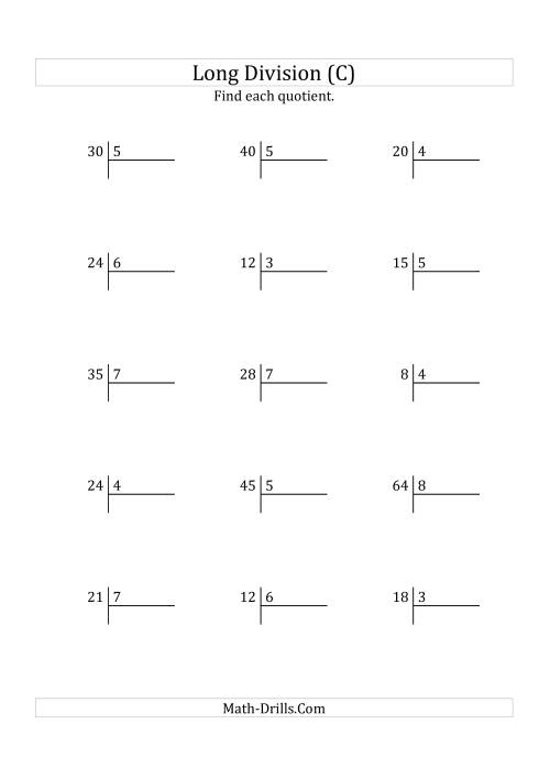 The European Long Division with a 1-Digit Divisor and a 1-Digit Quotient with No Remainders (C) Math Worksheet