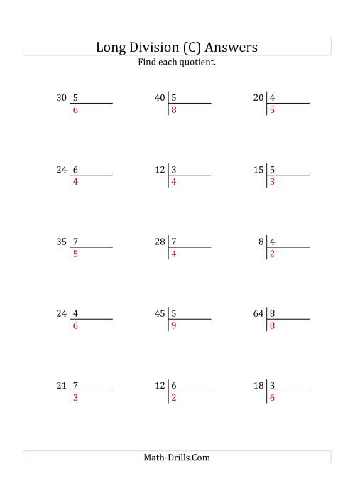 The European Long Division with a 1-Digit Divisor and a 1-Digit Quotient with No Remainders (C) Math Worksheet Page 2