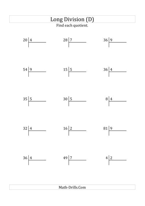 The European Long Division with a 1-Digit Divisor and a 1-Digit Quotient with No Remainders (D) Math Worksheet