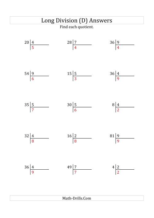 The European Long Division with a 1-Digit Divisor and a 1-Digit Quotient with No Remainders (D) Math Worksheet Page 2