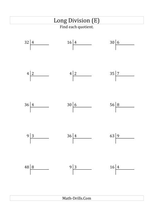 The European Long Division with a 1-Digit Divisor and a 1-Digit Quotient with No Remainders (E) Math Worksheet