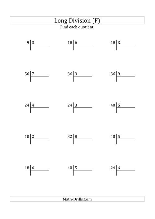 The European Long Division with a 1-Digit Divisor and a 1-Digit Quotient with No Remainders (F) Math Worksheet