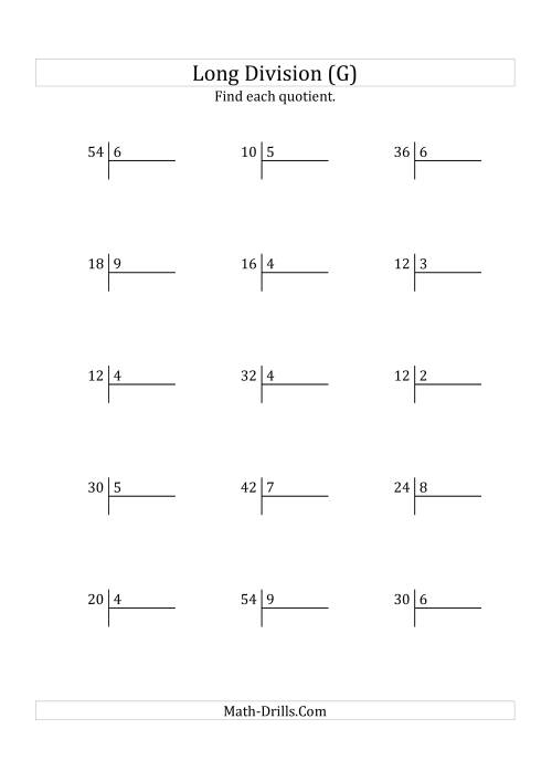 The European Long Division with a 1-Digit Divisor and a 1-Digit Quotient with No Remainders (G) Math Worksheet