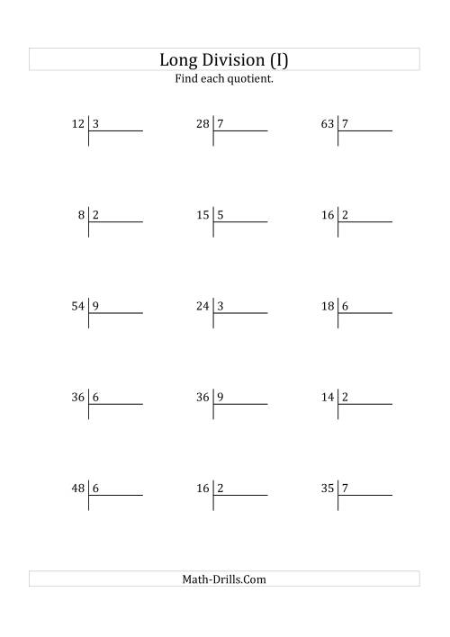 The European Long Division with a 1-Digit Divisor and a 1-Digit Quotient with No Remainders (I) Math Worksheet
