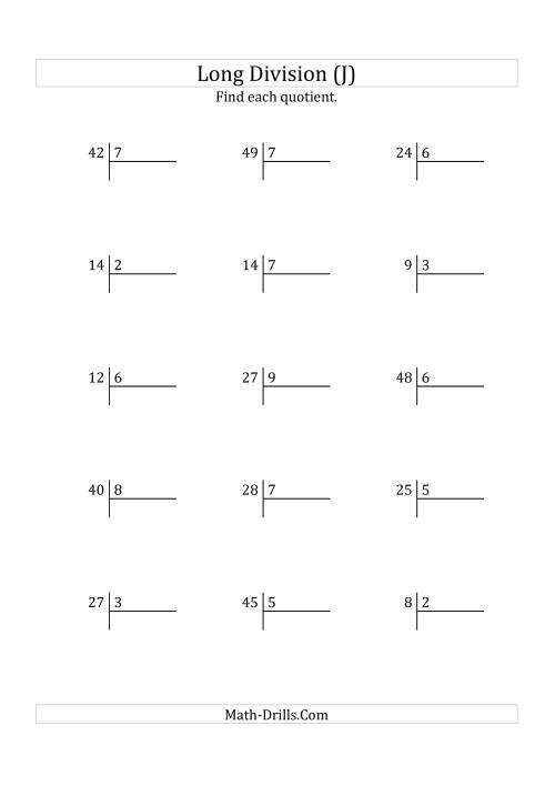 The European Long Division with a 1-Digit Divisor and a 1-Digit Quotient with No Remainders (J) Math Worksheet