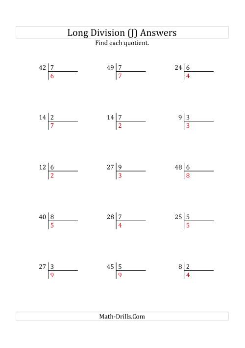 The European Long Division with a 1-Digit Divisor and a 1-Digit Quotient with No Remainders (J) Math Worksheet Page 2