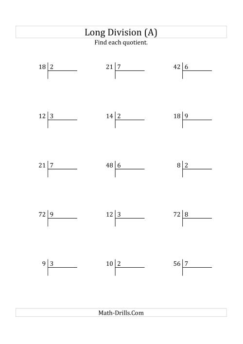 The European Long Division with a 1-Digit Divisor and a 1-Digit Quotient with No Remainders (All) Math Worksheet