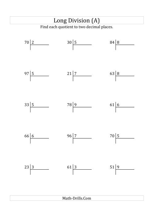 The European Long Division with a 1-Digit Divisor and a 2-Digit Dividend with Decimal Quotients (A) Math Worksheet
