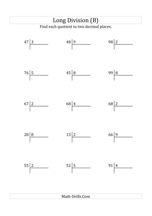 The European Long Division with a 1-Digit Divisor and a 2-Digit Dividend with Decimal Quotients (B) Math Worksheet