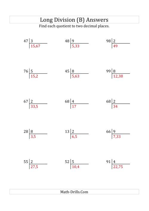 The European Long Division with a 1-Digit Divisor and a 2-Digit Dividend with Decimal Quotients (B) Math Worksheet Page 2