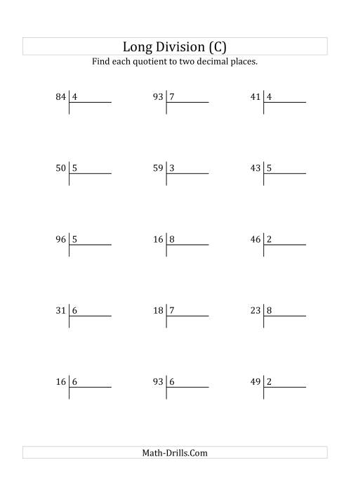 The European Long Division with a 1-Digit Divisor and a 2-Digit Dividend with Decimal Quotients (C) Math Worksheet