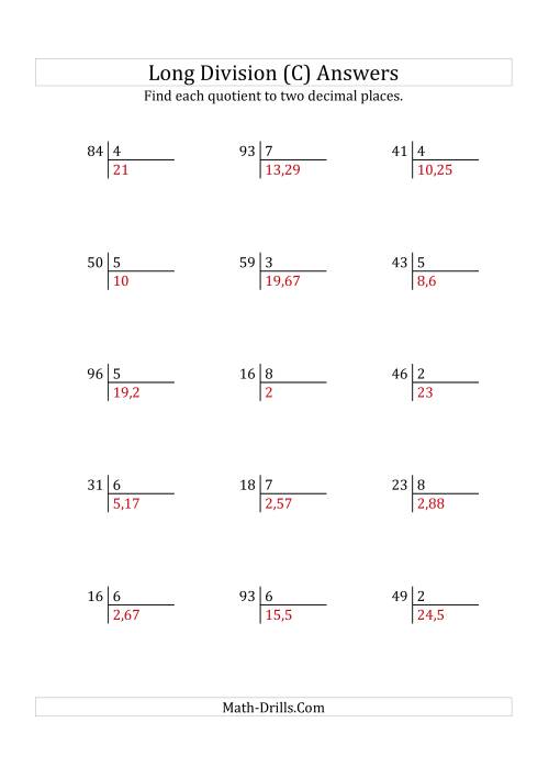 The European Long Division with a 1-Digit Divisor and a 2-Digit Dividend with Decimal Quotients (C) Math Worksheet Page 2