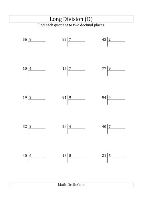 The European Long Division with a 1-Digit Divisor and a 2-Digit Dividend with Decimal Quotients (D) Math Worksheet