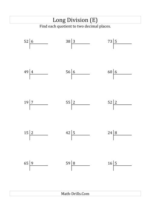 The European Long Division with a 1-Digit Divisor and a 2-Digit Dividend with Decimal Quotients (E) Math Worksheet
