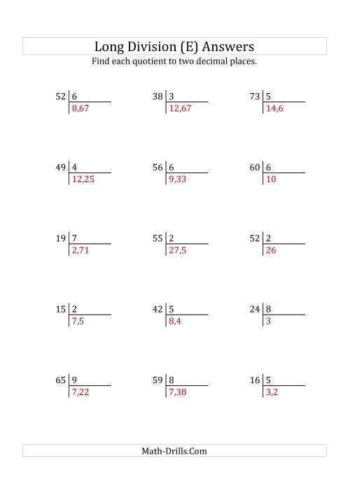 The European Long Division with a 1-Digit Divisor and a 2-Digit Dividend with Decimal Quotients (E) Math Worksheet Page 2