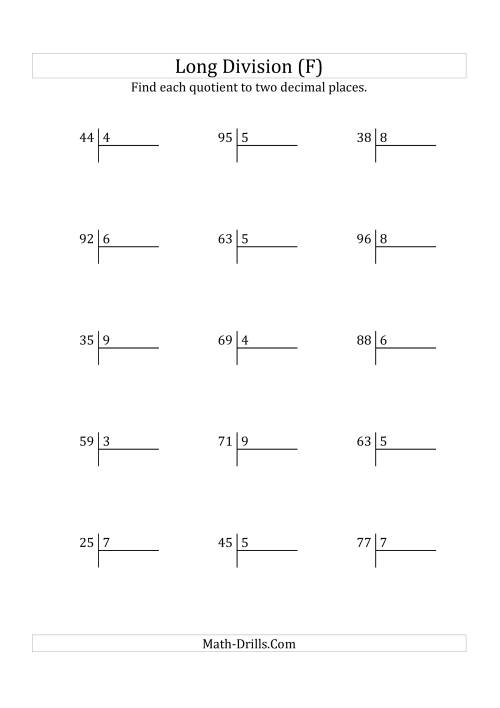 The European Long Division with a 1-Digit Divisor and a 2-Digit Dividend with Decimal Quotients (F) Math Worksheet