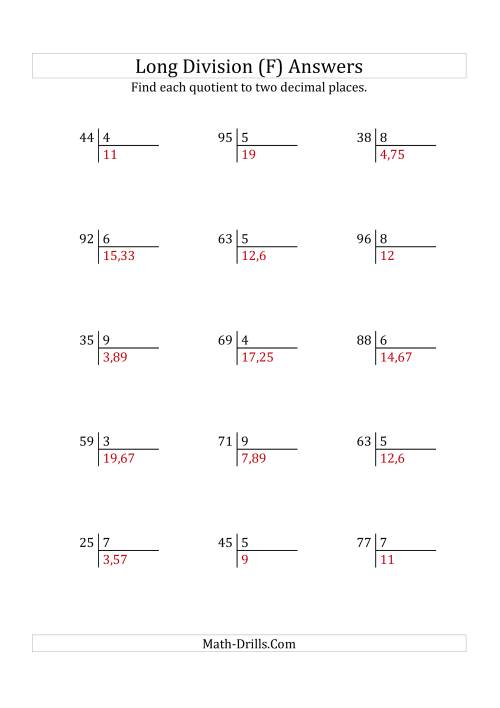 The European Long Division with a 1-Digit Divisor and a 2-Digit Dividend with Decimal Quotients (F) Math Worksheet Page 2
