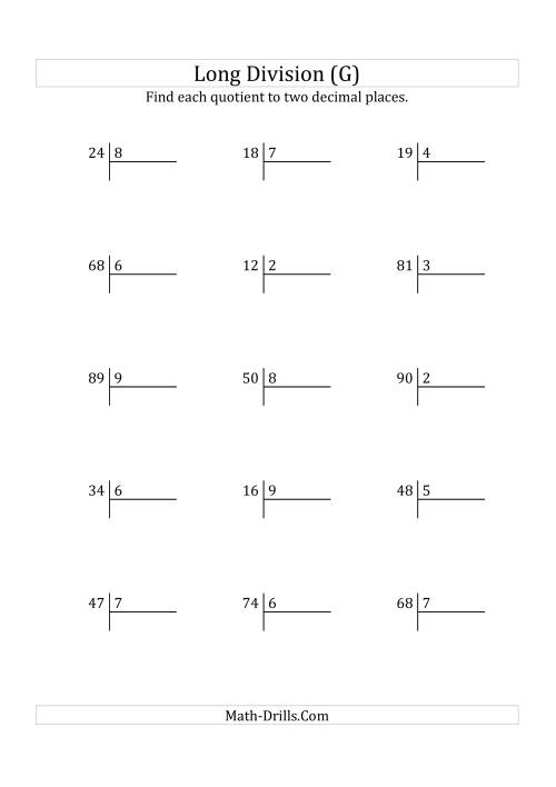 The European Long Division with a 1-Digit Divisor and a 2-Digit Dividend with Decimal Quotients (G) Math Worksheet