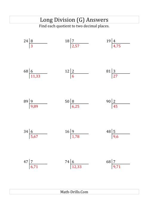 The European Long Division with a 1-Digit Divisor and a 2-Digit Dividend with Decimal Quotients (G) Math Worksheet Page 2