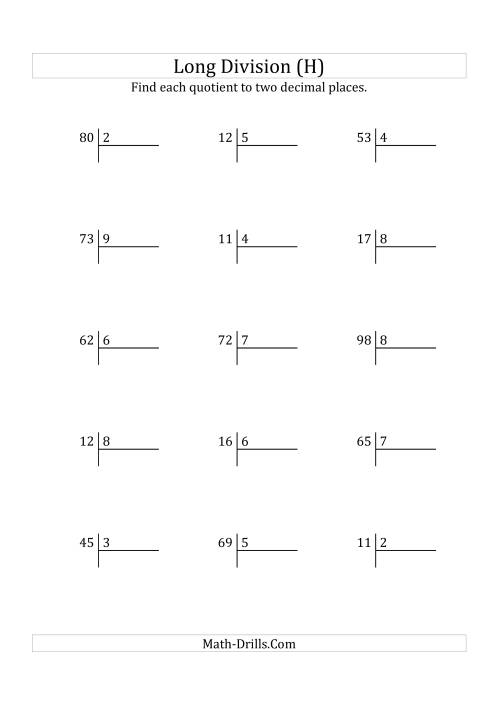 The European Long Division with a 1-Digit Divisor and a 2-Digit Dividend with Decimal Quotients (H) Math Worksheet