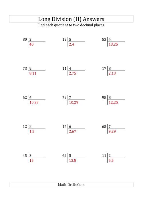 The European Long Division with a 1-Digit Divisor and a 2-Digit Dividend with Decimal Quotients (H) Math Worksheet Page 2