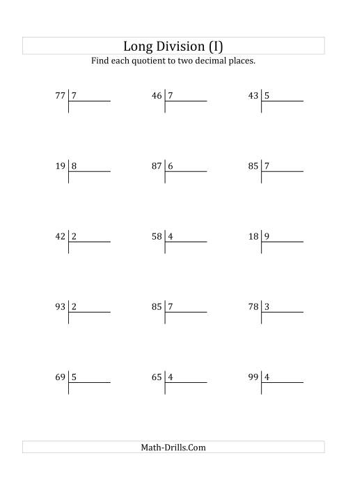 The European Long Division with a 1-Digit Divisor and a 2-Digit Dividend with Decimal Quotients (I) Math Worksheet