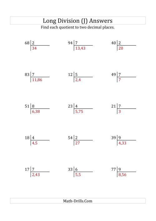 The European Long Division with a 1-Digit Divisor and a 2-Digit Dividend with Decimal Quotients (J) Math Worksheet Page 2