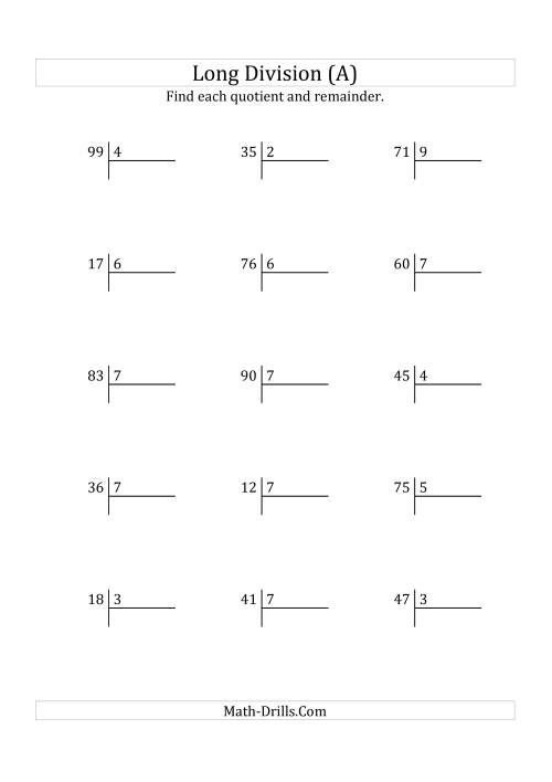 The European Long Division with a 1-Digit Divisor and a 2-Digit Dividend with Remainders (A) Math Worksheet