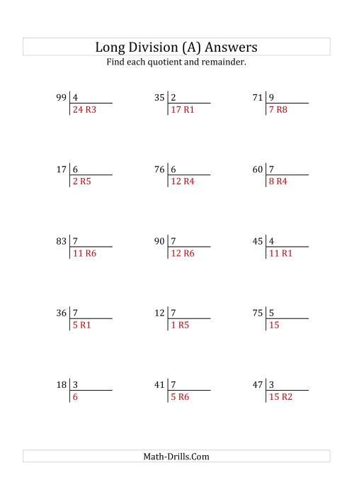 The European Long Division with a 1-Digit Divisor and a 2-Digit Dividend with Remainders (A) Math Worksheet Page 2