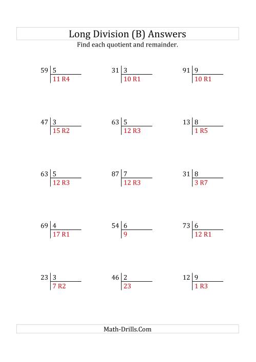 The European Long Division with a 1-Digit Divisor and a 2-Digit Dividend with Remainders (B) Math Worksheet Page 2