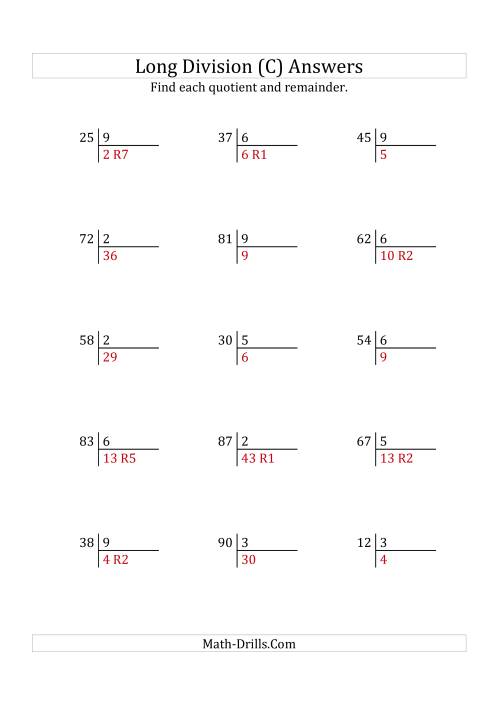 The European Long Division with a 1-Digit Divisor and a 2-Digit Dividend with Remainders (C) Math Worksheet Page 2
