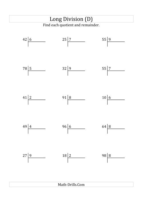 The European Long Division with a 1-Digit Divisor and a 2-Digit Dividend with Remainders (D) Math Worksheet