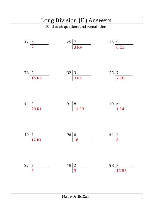 The European Long Division with a 1-Digit Divisor and a 2-Digit Dividend with Remainders (D) Math Worksheet Page 2