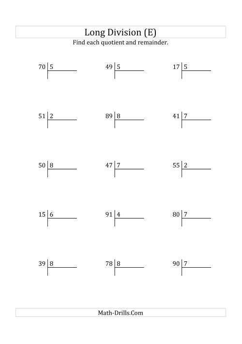 The European Long Division with a 1-Digit Divisor and a 2-Digit Dividend with Remainders (E) Math Worksheet