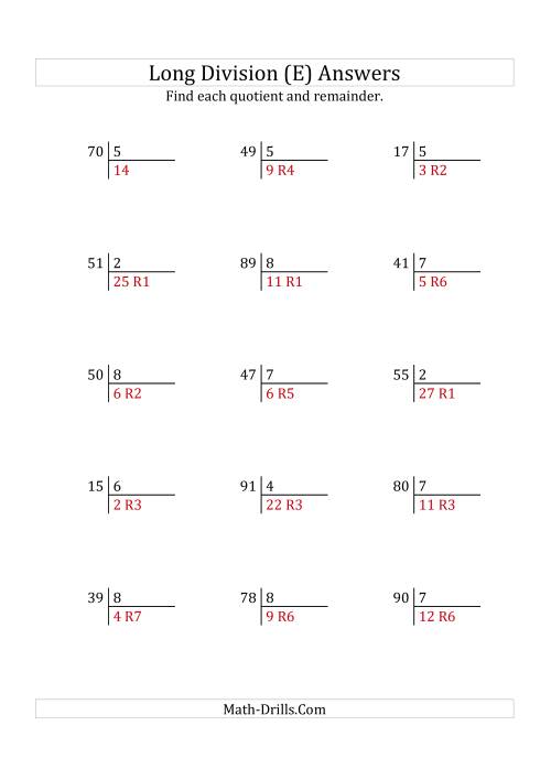 The European Long Division with a 1-Digit Divisor and a 2-Digit Dividend with Remainders (E) Math Worksheet Page 2