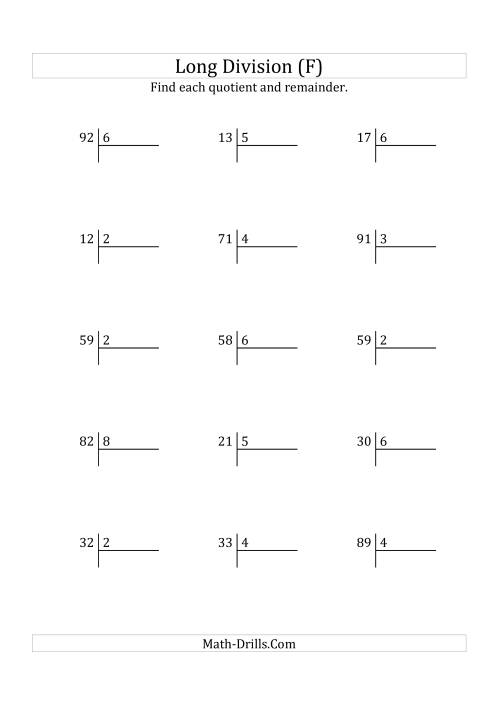 The European Long Division with a 1-Digit Divisor and a 2-Digit Dividend with Remainders (F) Math Worksheet